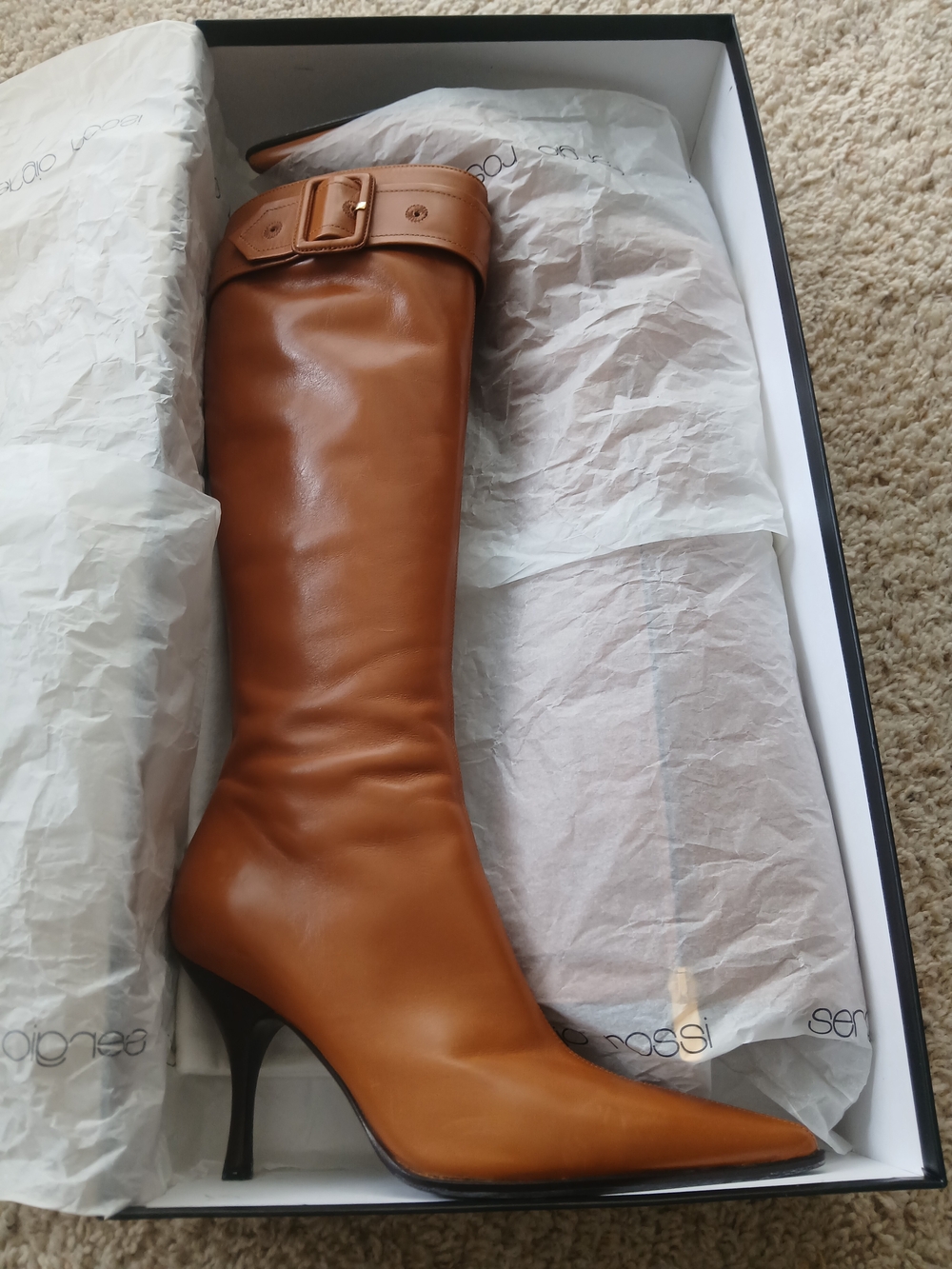 Sergio Rossi Brown Leather Knee-High Pointed Toe Boot with Buckle